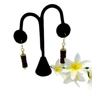 Earrings Handmade Carved Wood & Gold Toned Dangle Fish Hook